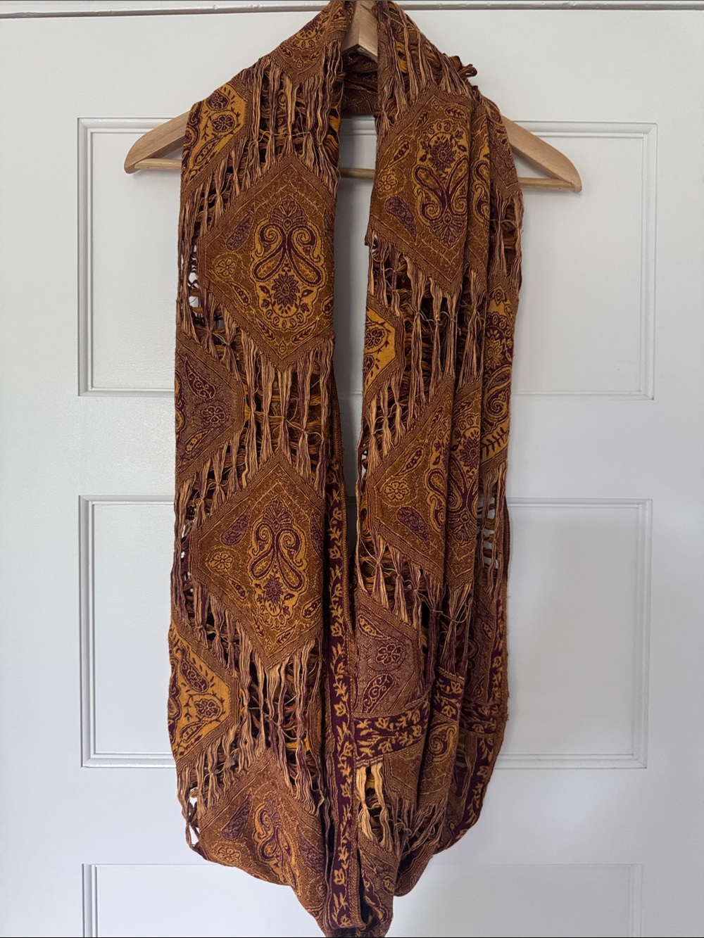 Boho Fringe Paisley Wrap Scarf in Rust and Mustard
